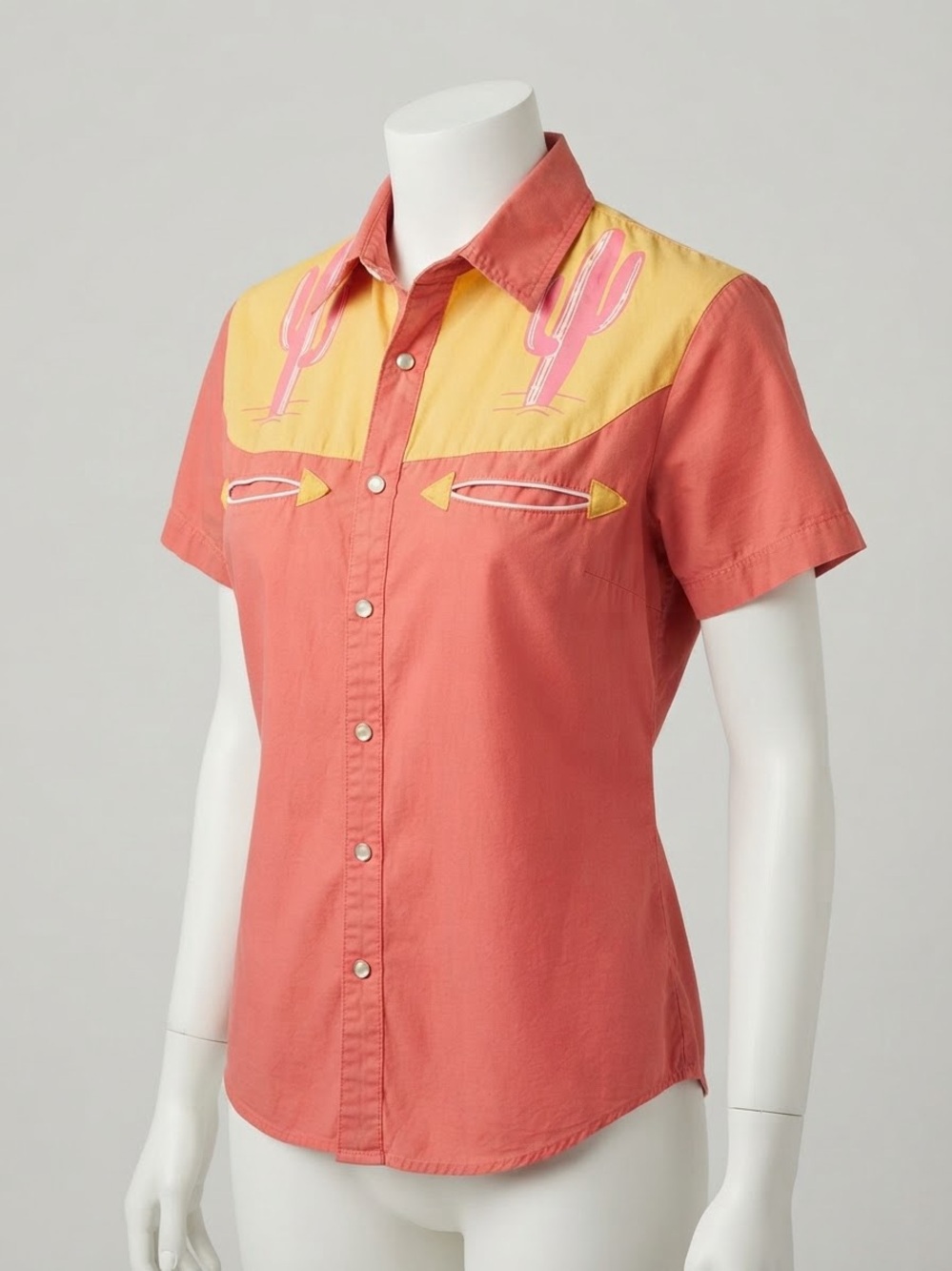 Standard Issue Coral and Yellow Short-Sleeve Western Button-Down Shirt w- cactus